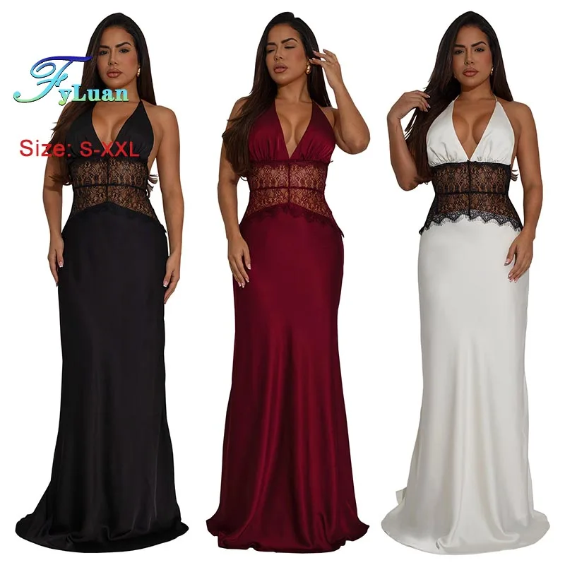 2025 Europa y América vestido de mujer Sexy de encaje con cuello en V profundo vestido largo sin espalda cintura recortada adelgazante vestido sin mangas vestidos de graduación