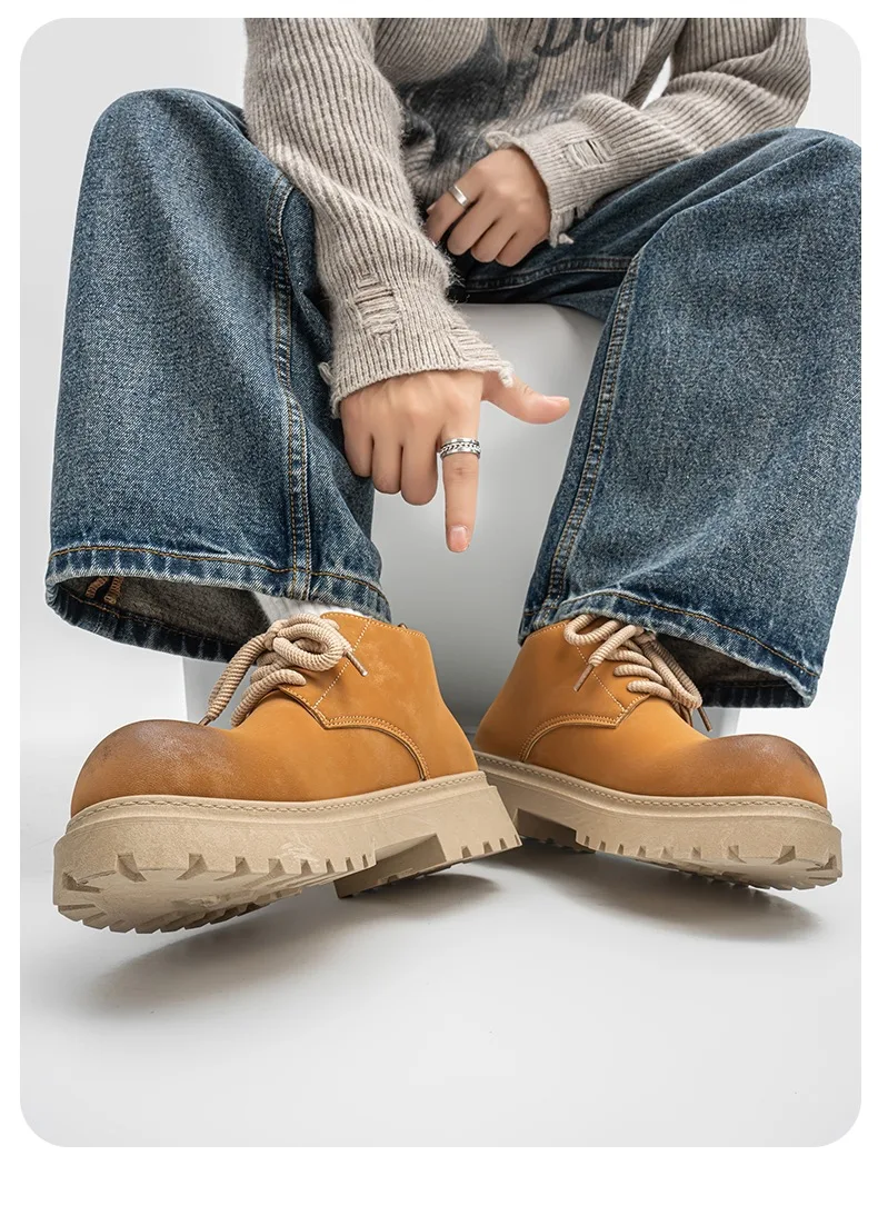 Men's shoes 2026 upturned yellow boots mid top men's shoes big head retro thick soled men's shoes