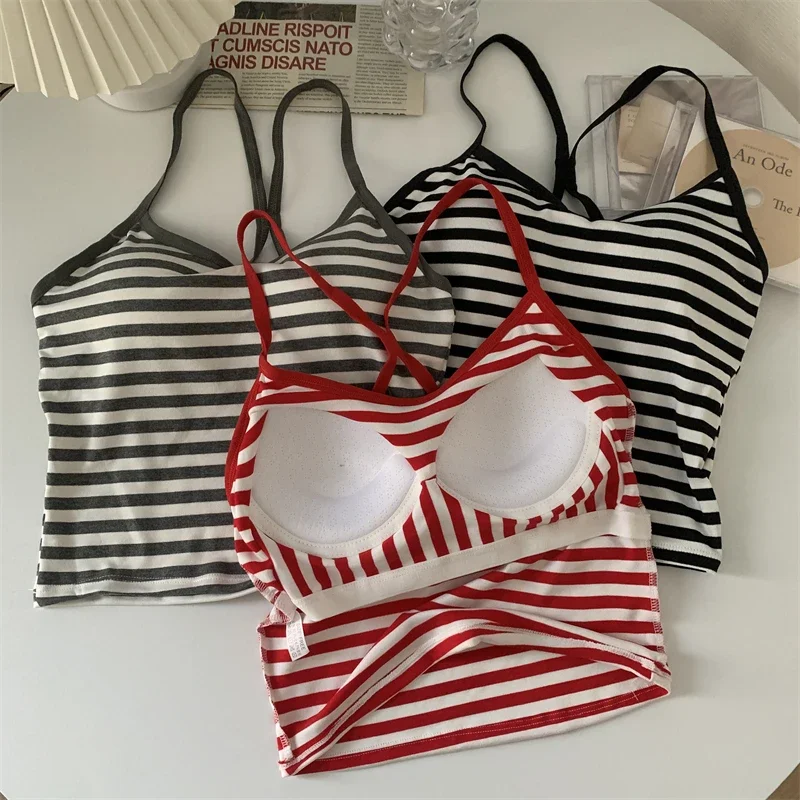 Korea Style Colorblock Striped Camisole Female Summer Cross Strap Built In Bra Omighty Camis Women Skinny Tank Top Dropshipping