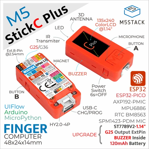 M5Stack Oficial M5StickC PLUS ESP32-PICO Mini IoT Kit de Desarrollo