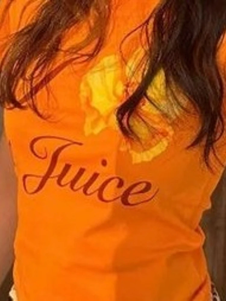Oranje Bloem Brief Afdrukken T-shirts Streetwear Vintage Bodycon Fee T-shirts Zomer Vrouwen Y2k Esthetische Grunge Tops