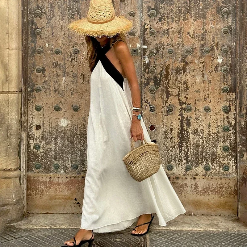 

Летнее женское новое модное однотонное хлопково-льняное платье без бретелек с подвесным воротником без рукавов, простой дизайн, платье макси