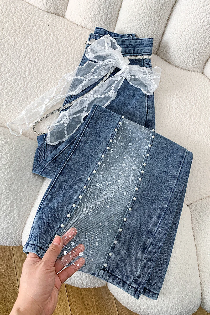 Mesh Spliced Sequins Wide Leg Jeans Women's New Retro Rhinestone High Waist Straight Trousers Versatile Loose Casual Denim Pants