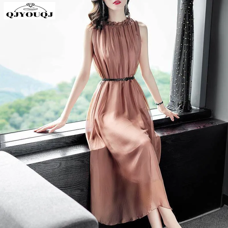 Solid Color Chiffon Dress Spring and Summer New Waistband Style Slim and Slim Medium Length Sleeveless Women's Tank Top Skirt