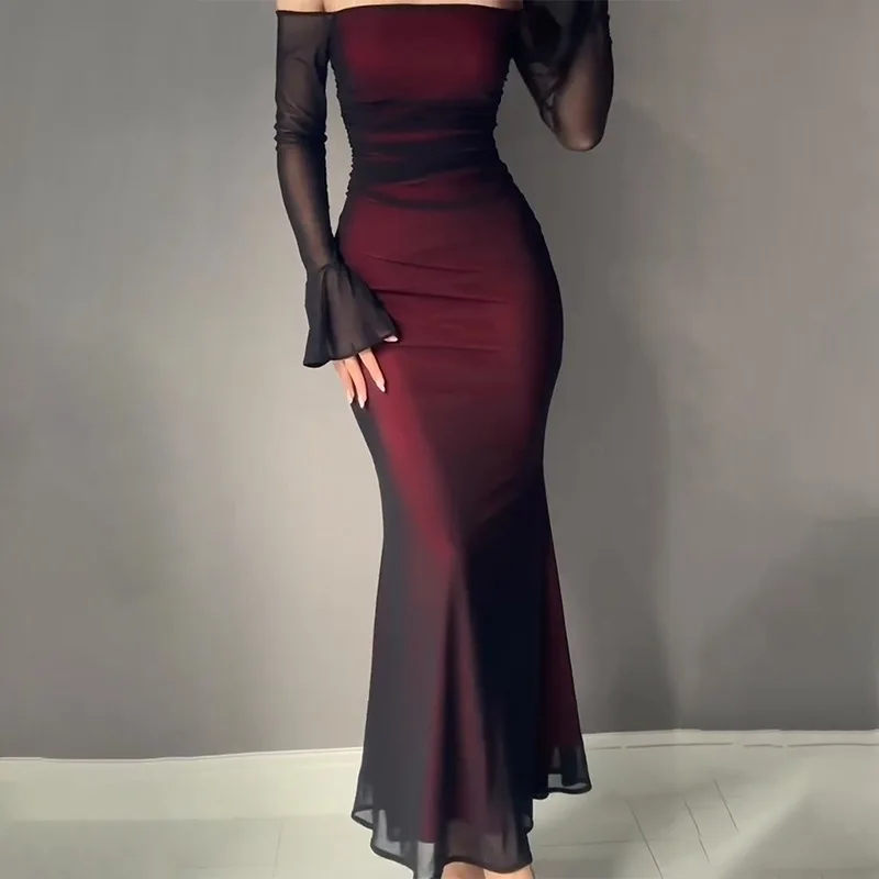 

Autumn Fashion Long Sleeve Strapless Slim Bodycon Dress for Women Elegant Casual Dress
