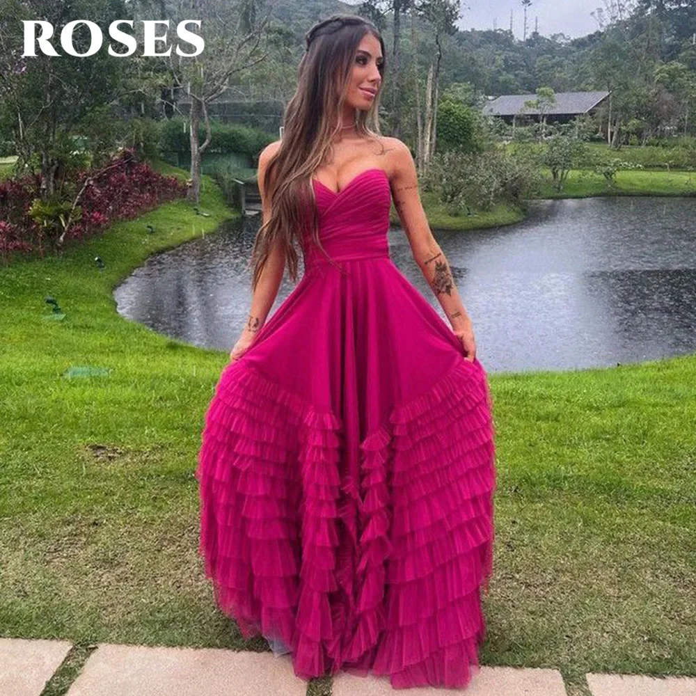 

ROSES Fuchsia Beach Long Party Dress Tiered Layer Vintage Night Dress Sleeveless Sweetheart Celebrity Dresses vestidos de fiesta