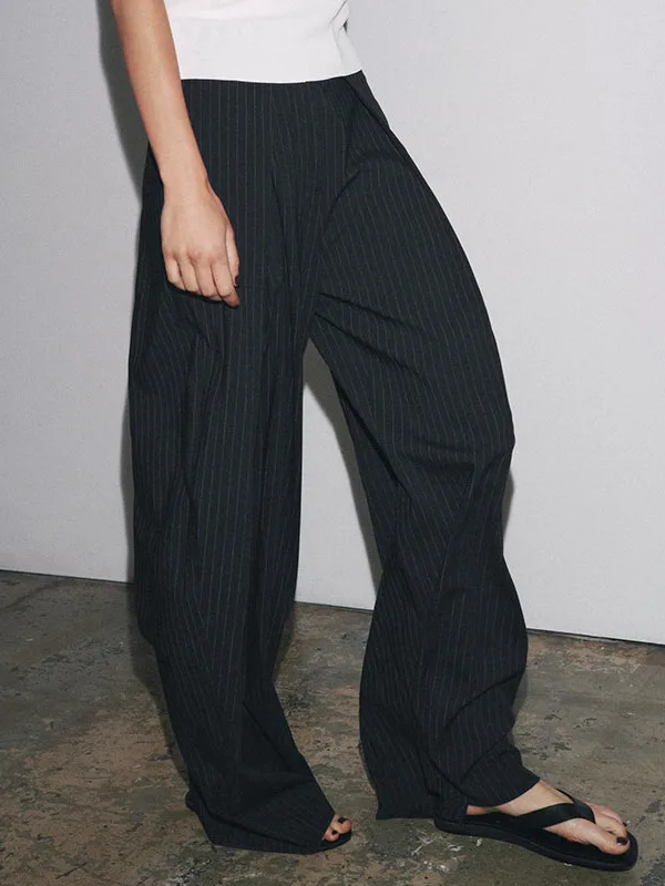 

ZBZR Winter Women's Straight Leg Mid-Waist Stripe Pleated Pants Quali Faionable Trousers for Ladies Autumn Winter Collection