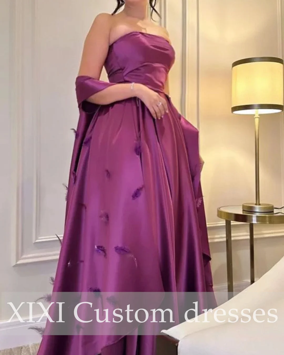 XIXI فساتين سهرة Column Strapless Floor-Lengt Feather Zipper Up Sleeveless Wedding Party Dress Dresses For Special Events