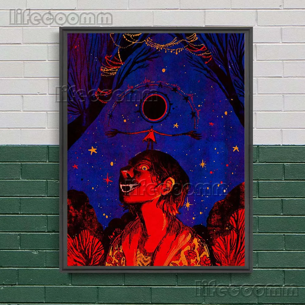 Boy In The Night Of Vampires Vintage Wall Art Canvas Painting Ghost House And Staghorn Man Abstract Art Poster And Print Decor