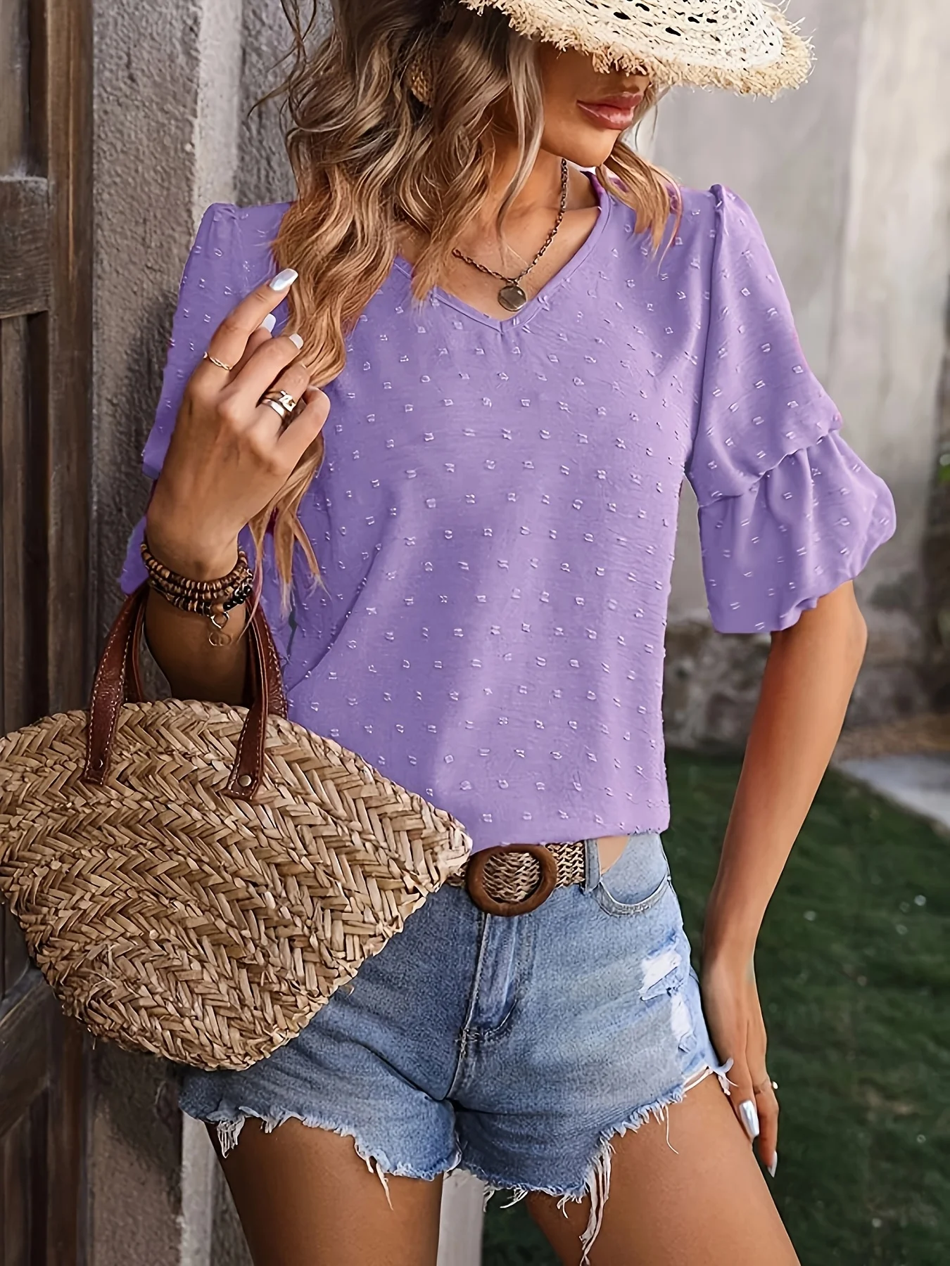 Camisa morada de talla grande para mujer, camisa elegante elegante de verano, camisa informal a la moda para mujer, camisa de talla grande para mujer, elegante de verano