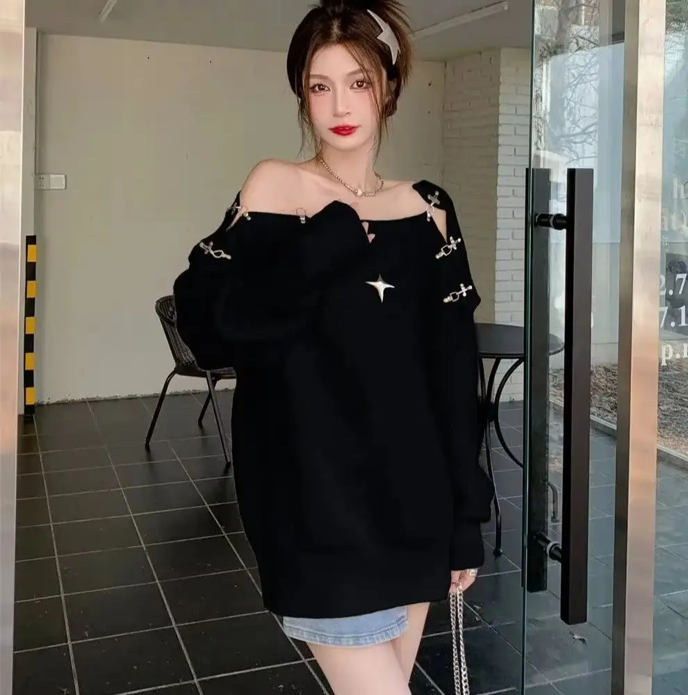 Off-Shoulder Slope-Neck Pullover Sweater 2024 Autumn Loose Casual Solid Color Harajuku Retro Fashion One-Shoulder Top