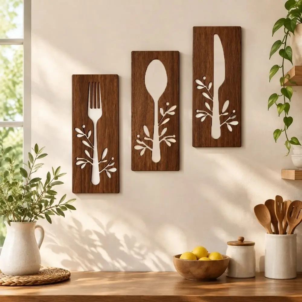 3pcs Fork Kitchen Utensil Wooden Ornament Spoon Decorative Kitchen Tools Wall Plaques Rustic Style Hollow Out Creative Wall Art