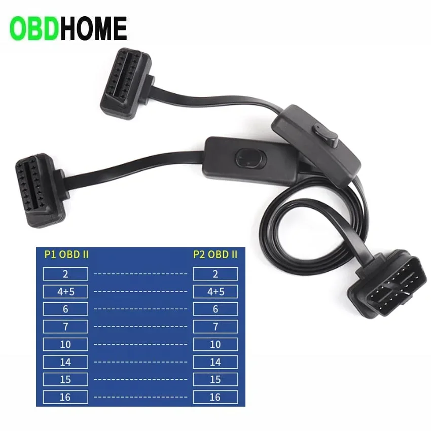 60CM Long OBD2 16Pin with Switch Extension Cable Flat Wire One In Two Adapter Auto 1 Male to 2 Female OBD 16 Pin Convert Plug