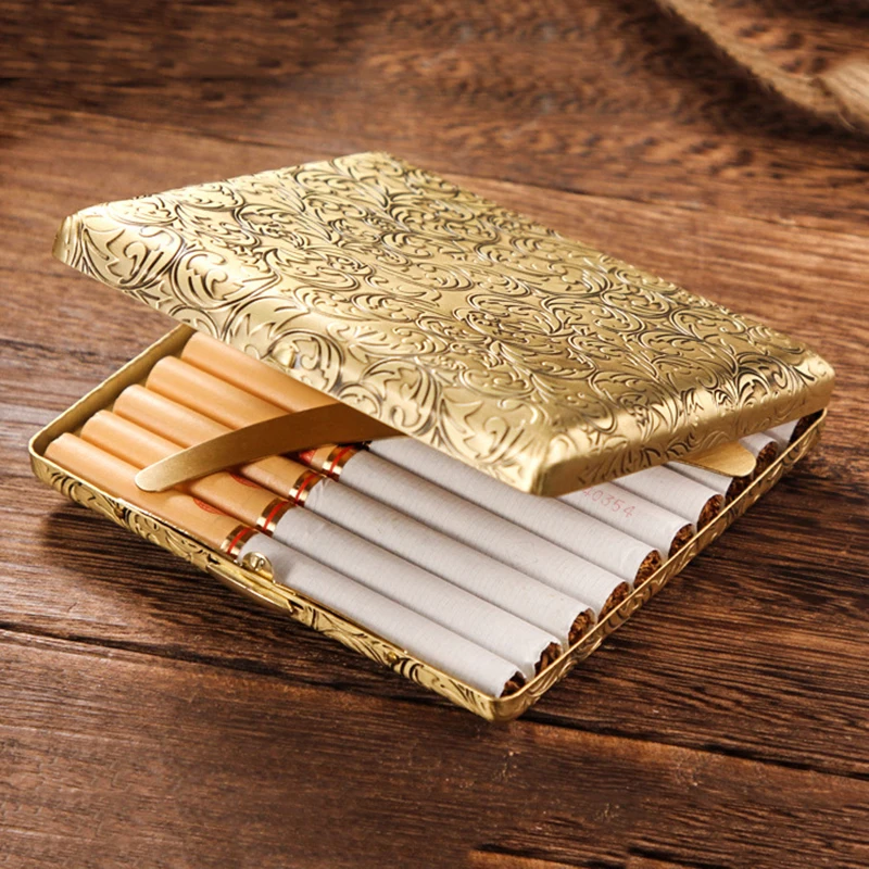 1Pcs Gold Portable Metal Cigarette Case for 20 Cigarettes Flip Open Cigarette Pocket Storage Box Holder Smoking Gift