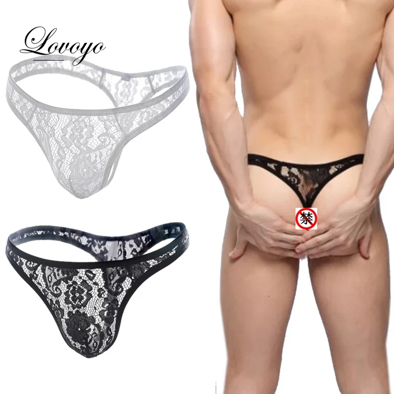 Mens Sexy See-Through Thong Big Pouch Panties Briefs Bulge Sexy Underwear Low Waist Briefs Gay Lace Underpants Erotic Lingerie