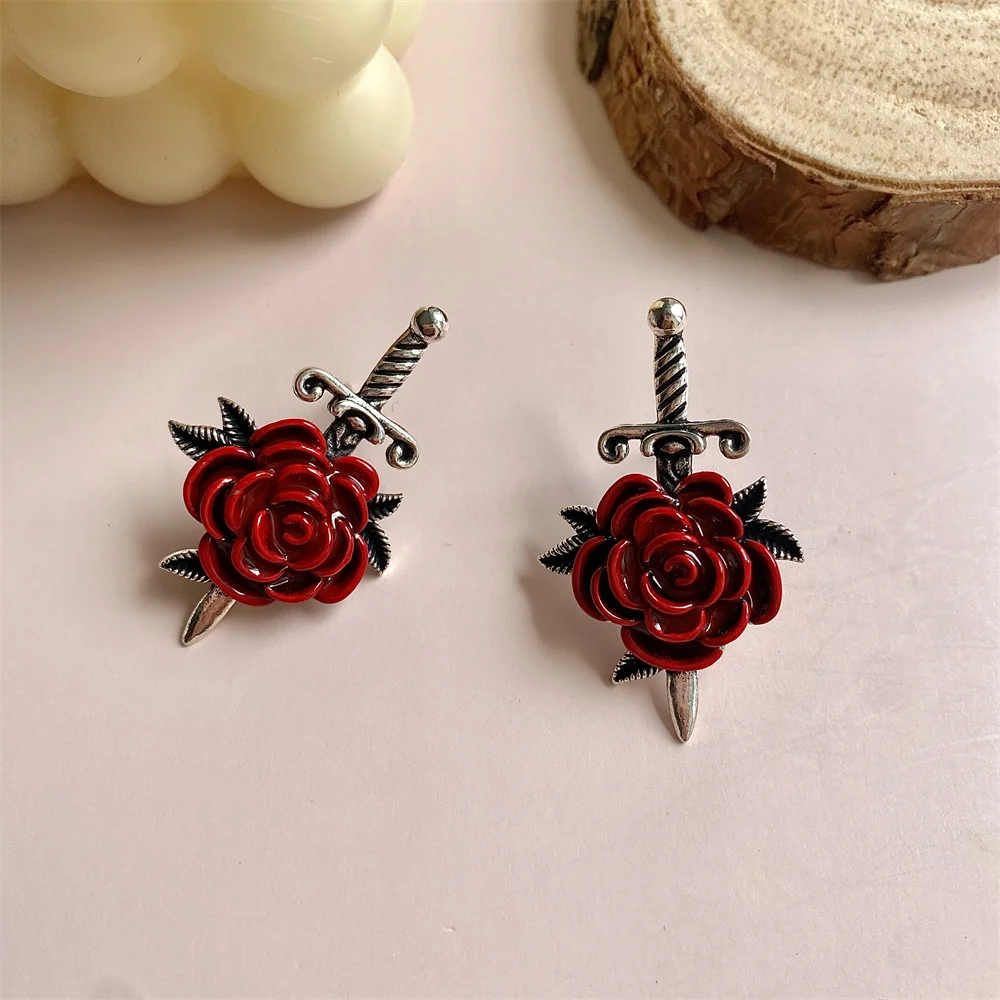 

Retro Goth Dripping Oil Red Flower Cross Women's Earrings Fashion Luxury Metal Rose Stud Earrings Women Jewelry Accessories Gift