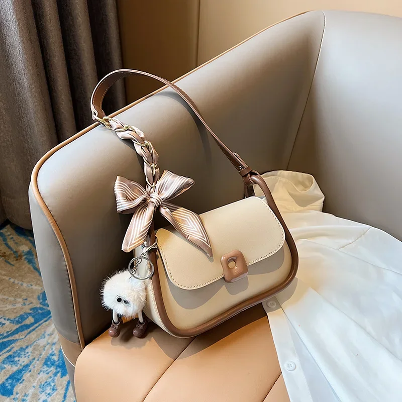 Popular Shoulder Bag Girl Autumn One-shoulder Messenger Bag+ Small Pendant Magnetic Buckle Shoulder Bag with Scarf Bow Weaven