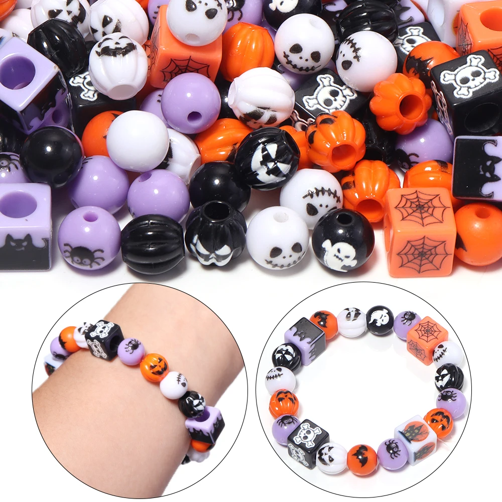 10-20pcs Halloween Mixed Acrylic Beads Straight Hole Loose Spacer Beads Pumpkin Bat Spider Printed DIY Jewelry Bracelet Making