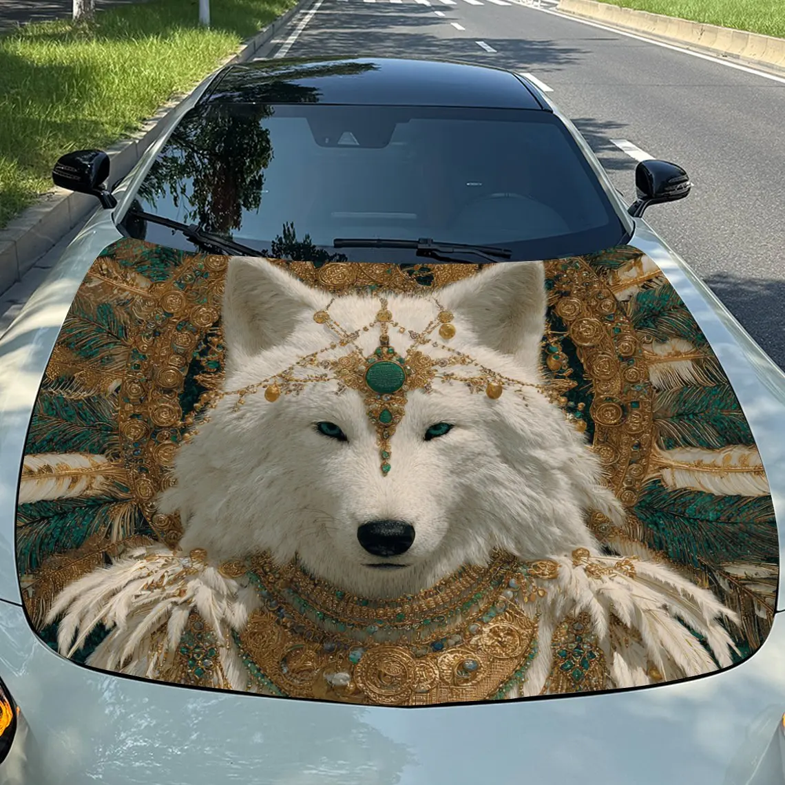 

White Wolf Totem Car Hood Sticker PVC Self Waterproof Stick, Striking Auto Exterior Accessories Decor Protect Gift for Car Lover