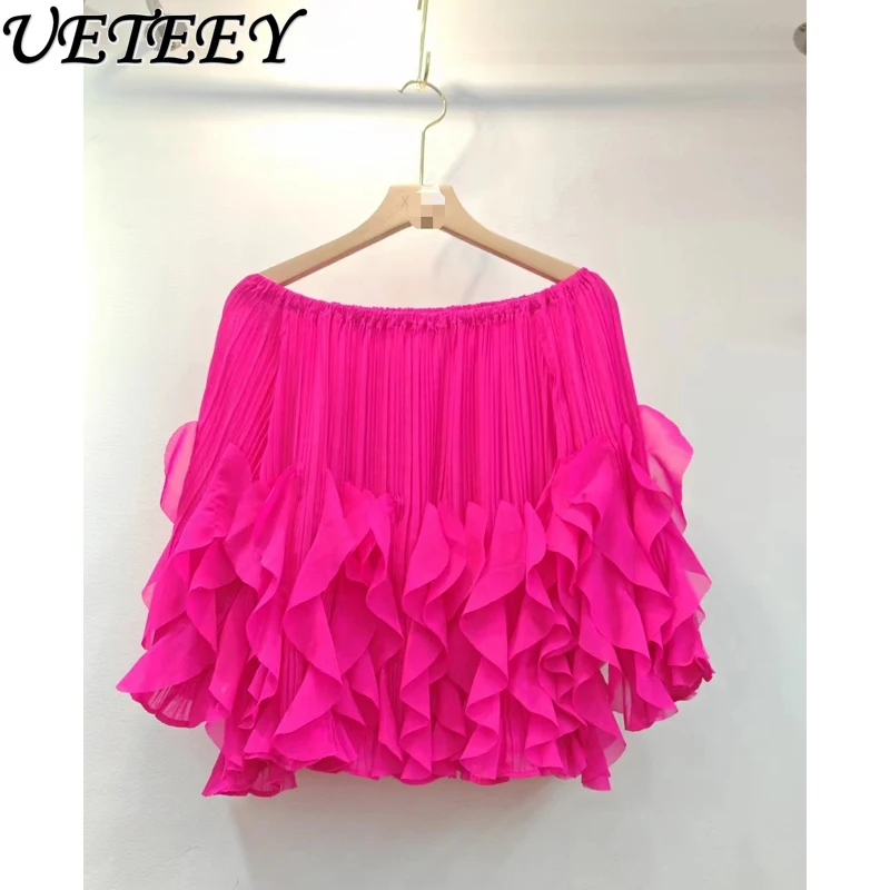 

One-word Collar Pleated Ruffle Edge Pullover Shirt Summer Korean Version High Waist Short Blouse Wavy Edge Short Sleeve Tide Top