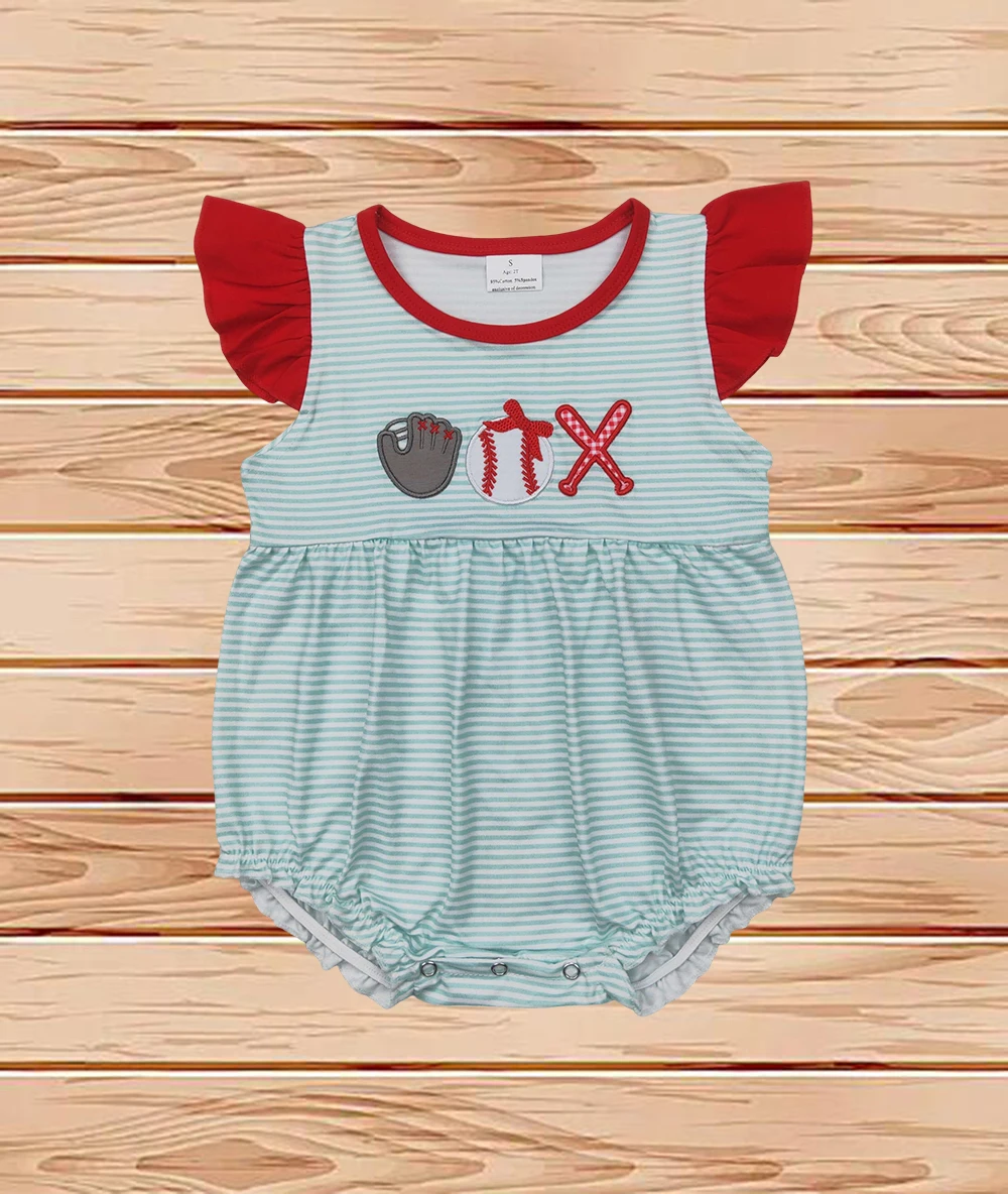 

4.7 Wholesale western boutique onesies Newborn toddler Embroidery Baby Infant Girls Baseball Flutter Sleeve Rompers