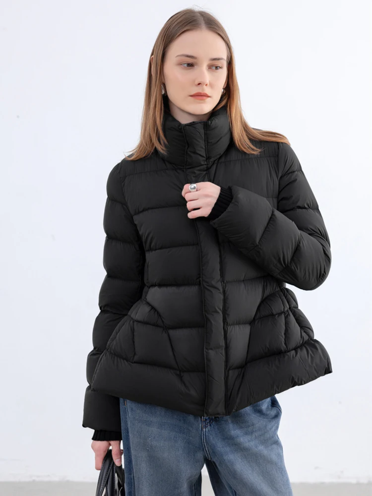 Damska kurtka streetwearowa z puchu kaczego, dopasowana, zimowa 2025, z wysokim kołnierzem, długi rękaw, puchowa kurtka, codzienna, jednolita, ciepła odzież wierzchnia INKEO DJ574