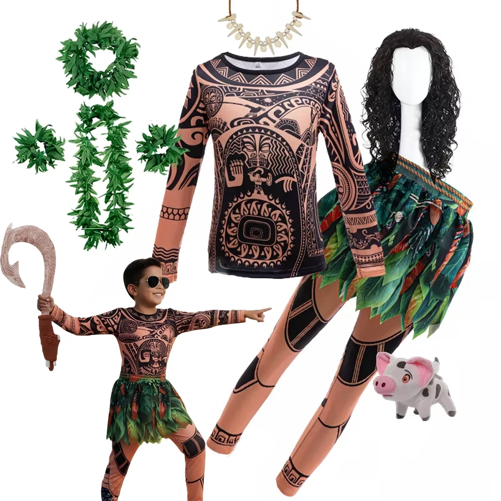 Movie Character Maui Clothes Tattoo Pants Boys Costume Kids Cosplay Birthday Carnival Set Girls Vaiana Dress Adventure Costume