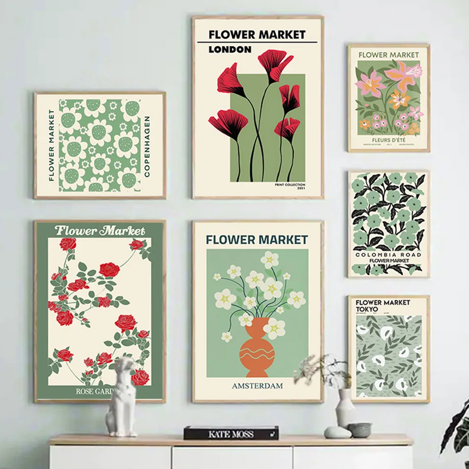 

Flower Market Rose Nordic Posters London Tokyo Print Wall Art Green Canvas Painting Abstract Wall Pictures For Living Room Decor