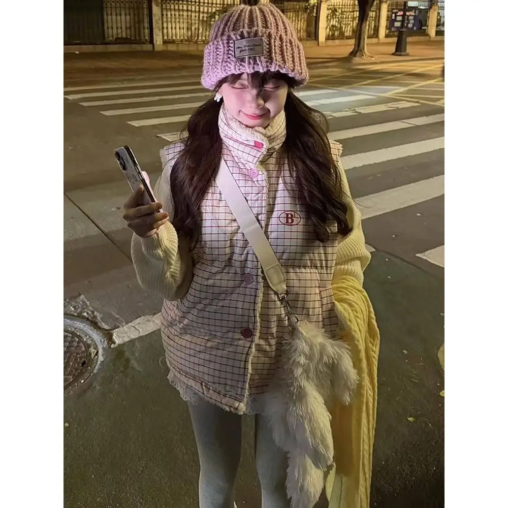 

Утепленный двусторонний жилет из овечьей шерсти с воротником-стойкой Sweet Sle для женщин, студенческий, зимний, теплый, универсальный, термо-топ