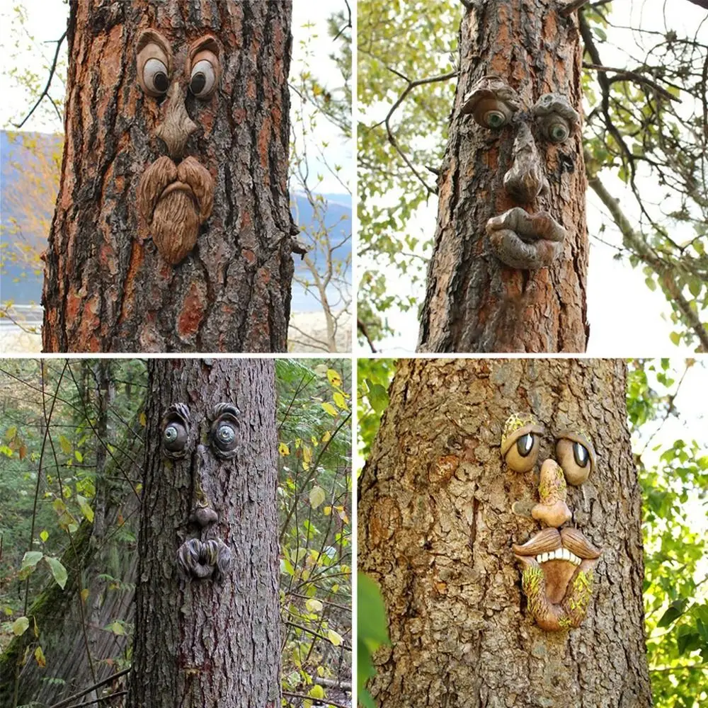 Whimsical Yard Art Tree Face Statues Tree Sculpture Old Man Tree Decor Ghost Face Decoration for Outdoor