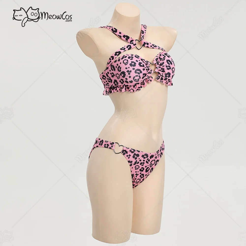 MEOWCOS Women's Bikini Sets Halter Top and Panty Bottom Unique Skull Leopard Print Two-Piece Swimsuit Pink