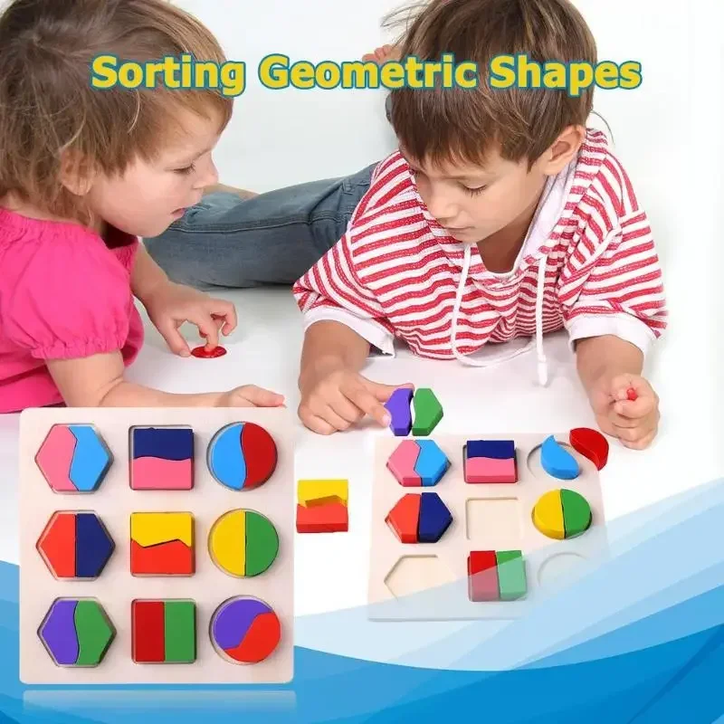 Holz geometrische Formen Montessori Puzzle Sortieren Mathe Ziegel Vorschule lernen Lernspiel Baby Kleinkind Spielzeug für Kinder