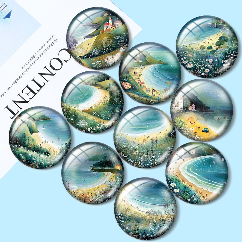 Watercolour Beach Scenery 12/18/20/25mm glass cabochon  bracelet pendant rings for jewelry demo earrings back Making findings