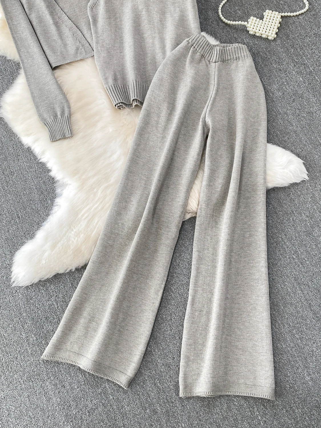 

Faionable ort Knitted Open Cardigan Jaet Base Layer Vest And High Waist Pants Tee Piece Set for Young Women Autumn Wi...