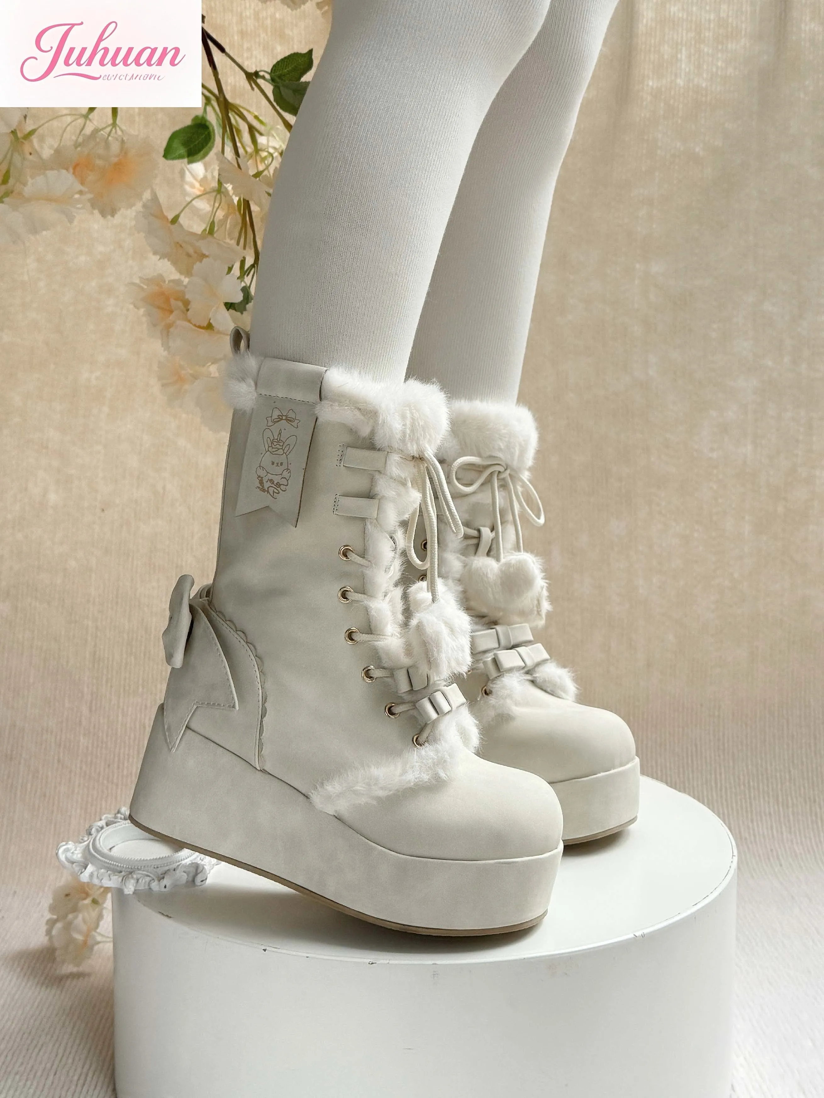 Japonais automne hiver doux mignon plate-forme Lolita Bow moelleux coton chaussures avec polaire chaud plate-forme chaussures neige chaussures doux fille