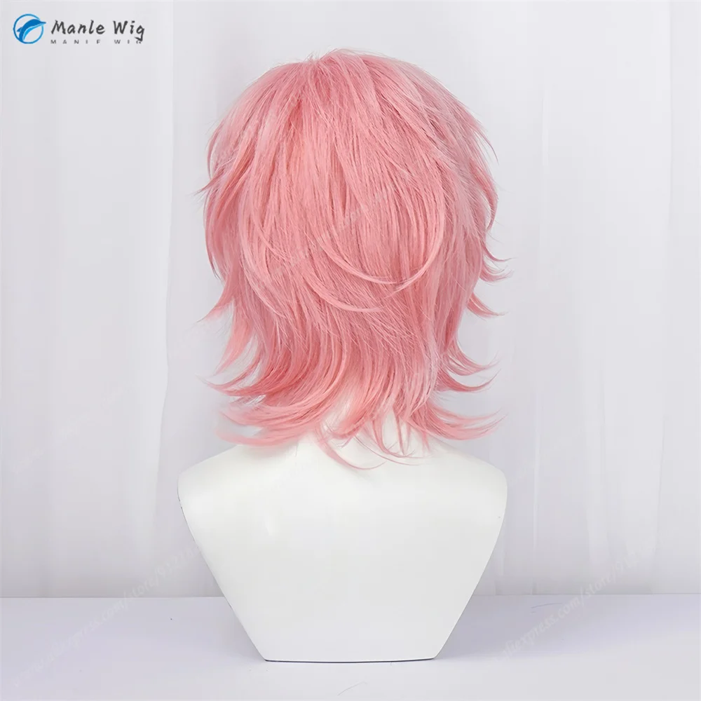 Wig Cosplay Ayato Yuri 40Cm Wig Keriting Merah Muda untuk Pria Kostum Cosplay Wig Anime Rambut Sintetis Tahan Panas Halloween + Topi Wig