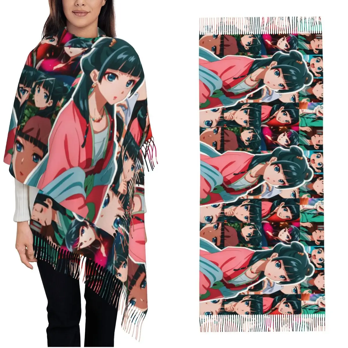 The Apothecary Diaries Maomao Scarf Women Fall Winter Cashmere Shawls and Wrap Cartoon Anime Long Large Scarves with Tassel