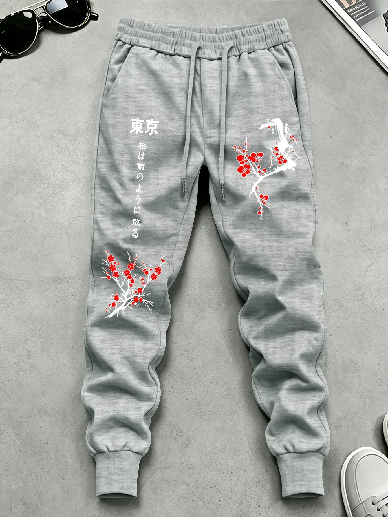 Japanese‑floral Men Sports Sweatpants Tokyo Letter Plum Blossom Art Print Fleece Jogger Pants For Urban Daily Hangouts