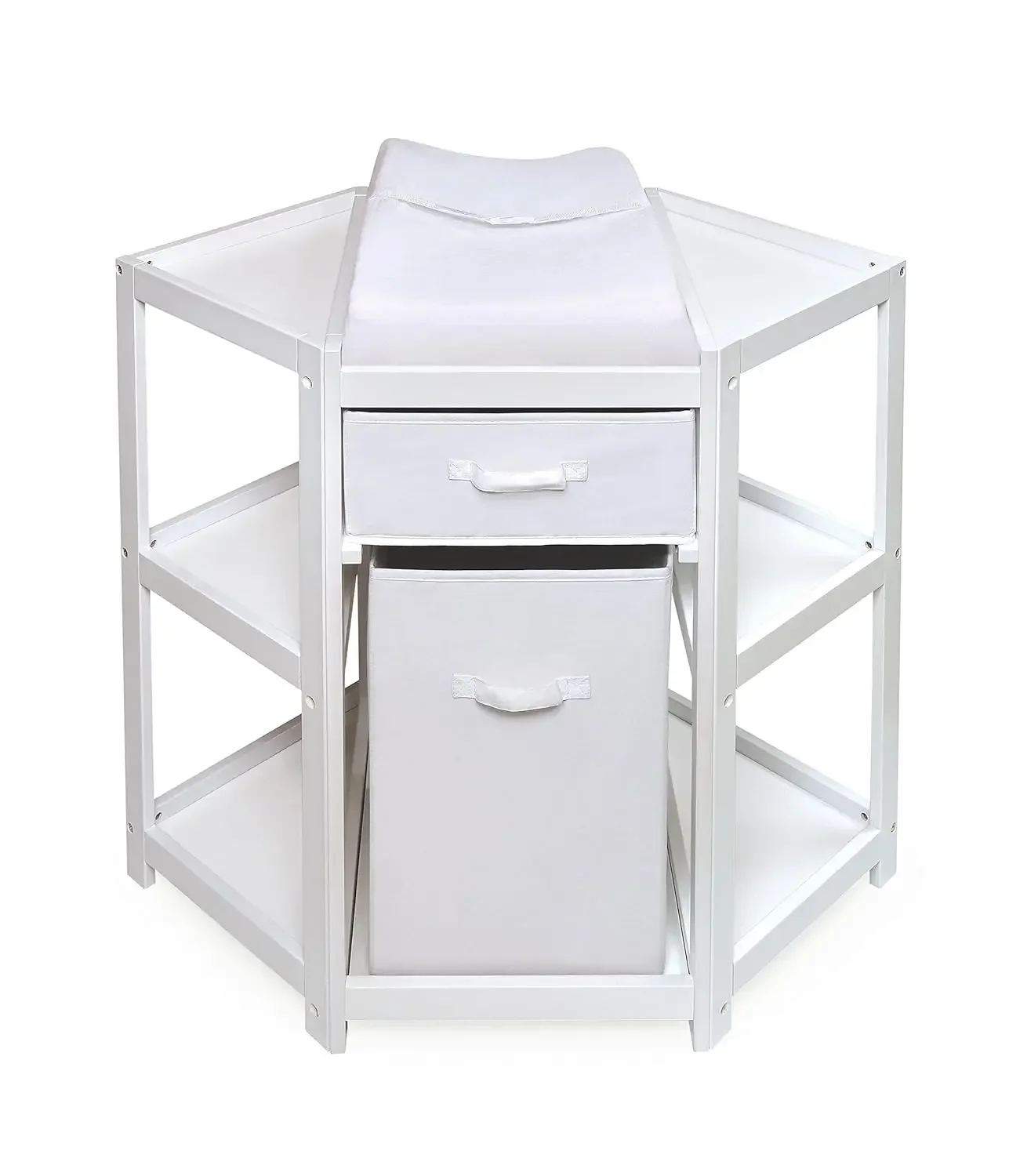 

tt Badger Basket Corner Diaper Changing Table with Laundry Hamper, Storage Bin, and Contoured Pad for Baby - White