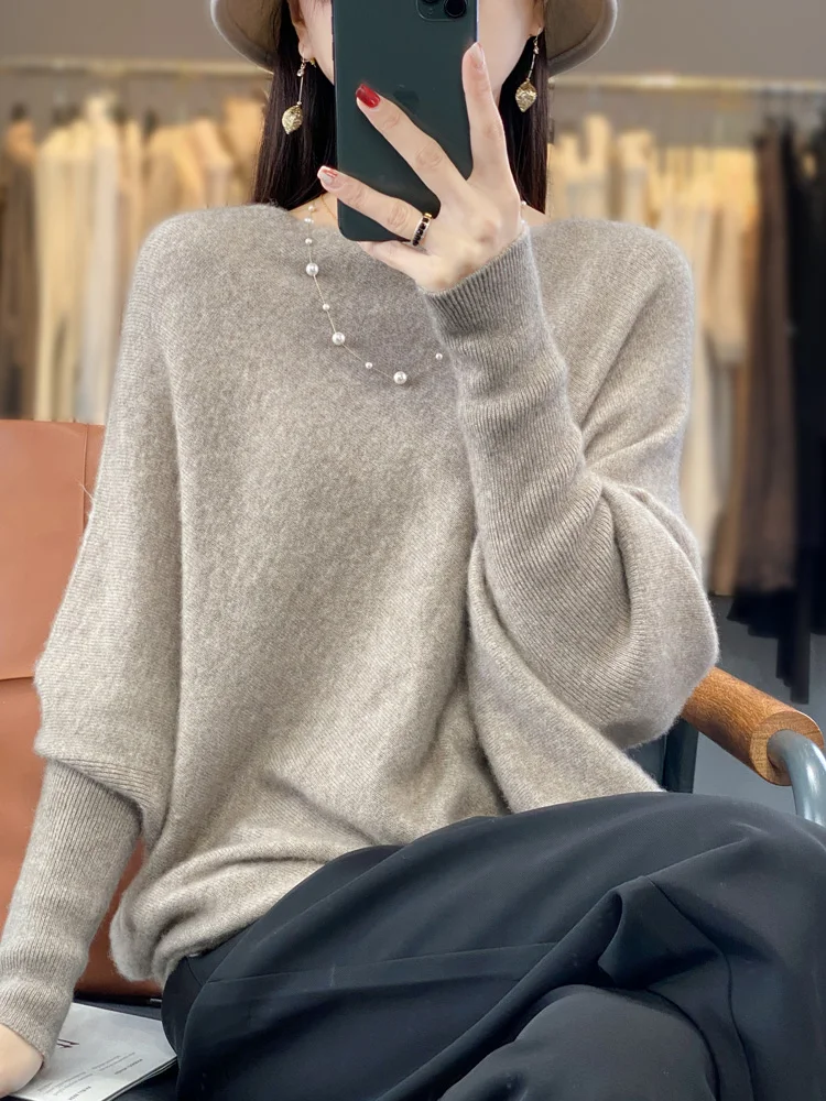 2024 Spring Autumn Women Long-Sweater 100% Merino Wool Knitwear Sweater Fashion Casual O-Neck Pullover Loose Women Bat Shirt