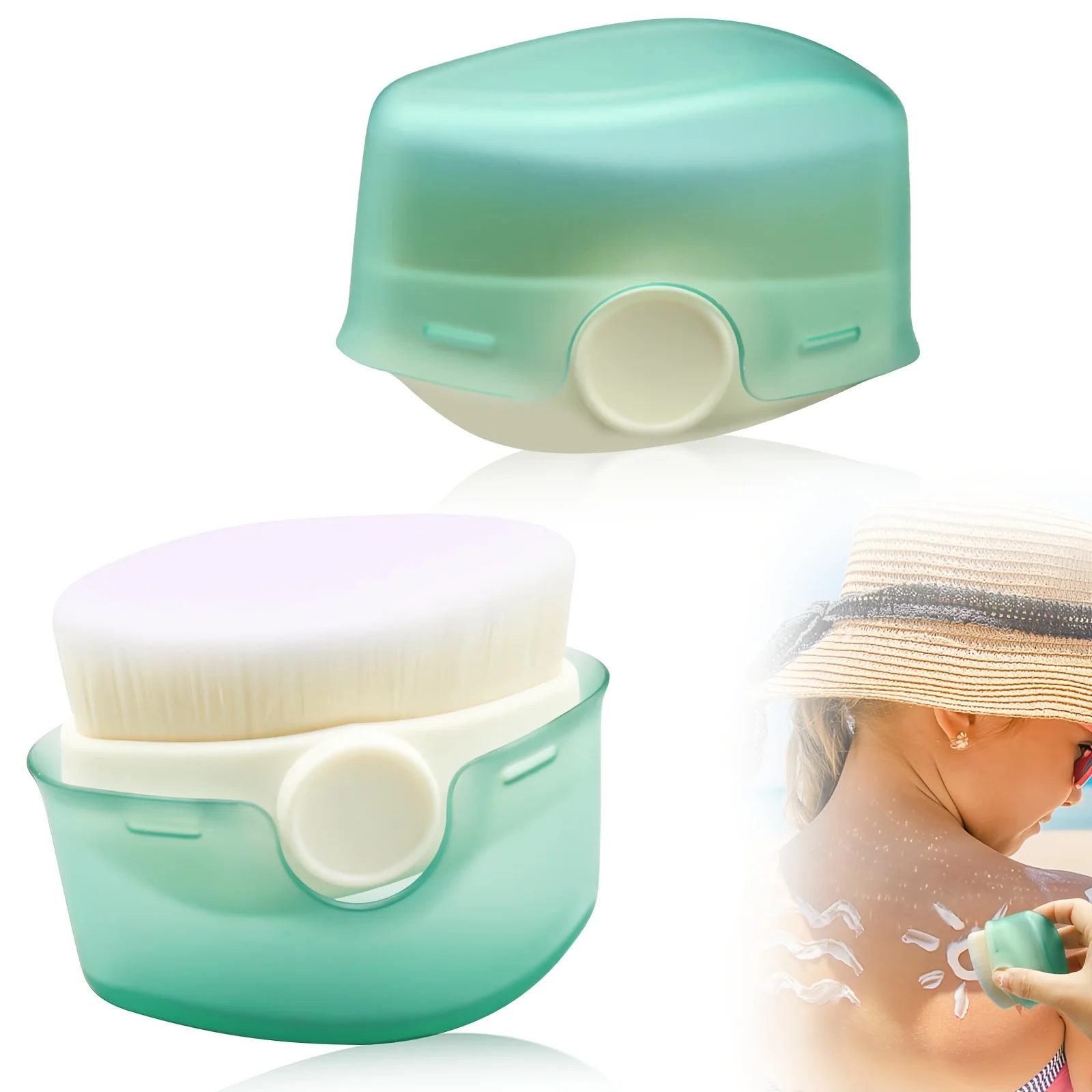 Sonnenschutz-Applikationspinsel mit Schutzabdeckung, konzipiert für den Auftrag von Sonnenschutzlotion, ideal für Reisen im Freien und Strandnutzung.