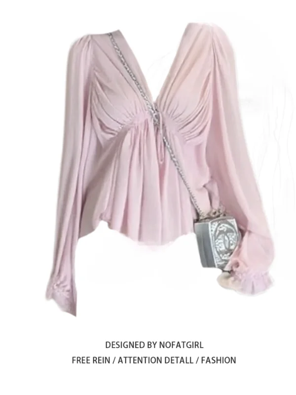 

Женская блузка больших размеров с V-образным вырезом, плиссированная, с завышенной талией, длинными рукавами, утягивающая, в корейском стиле, для повседневной носки, свободного кроя, из полиэстера.