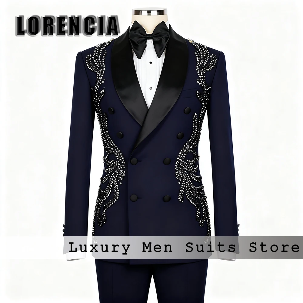 Elegant Crystal Men Suits 2 Pieces Set Double Breasted Wedding Party Groom Tuxedos Customized Male Blazers Pants trajes de novio
