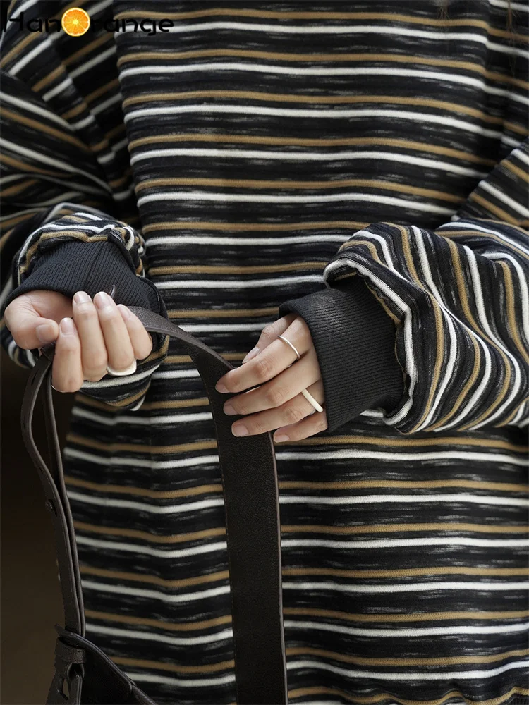 HanOrange 2025 Autumn Fashion Retro Falling Shoulder Contrast Striped Sweatshirt Women Loose Top Pink/Black