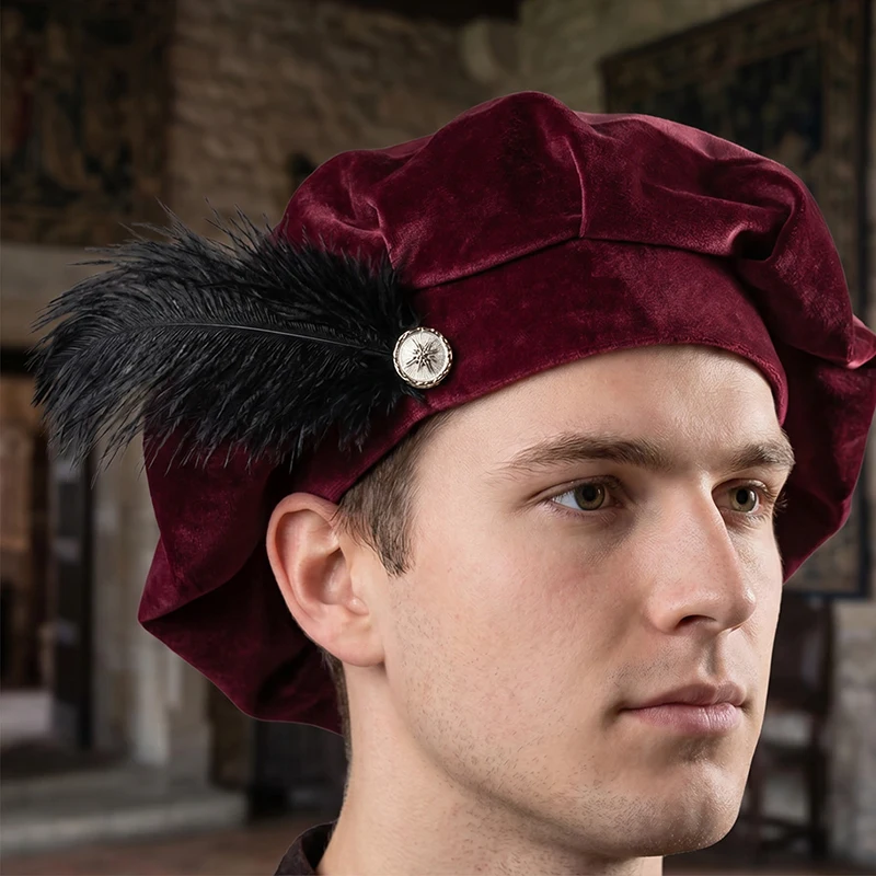 Medieval Beret Hat With Feather Tudor Hat Minstrel Muffin Elizabethan Renaissance Cap Victorian Royal Bonnet Cosplay Costume