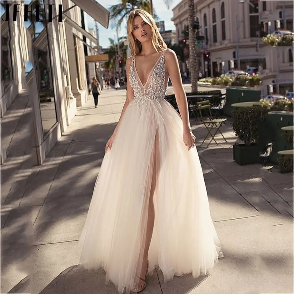 JEHETH Simple A-Line V-Neck Wedding Dresses 2024 Elegant Lace  Appliques Bride Gowns Backless Sleeveless Split Vestidos De Noiva