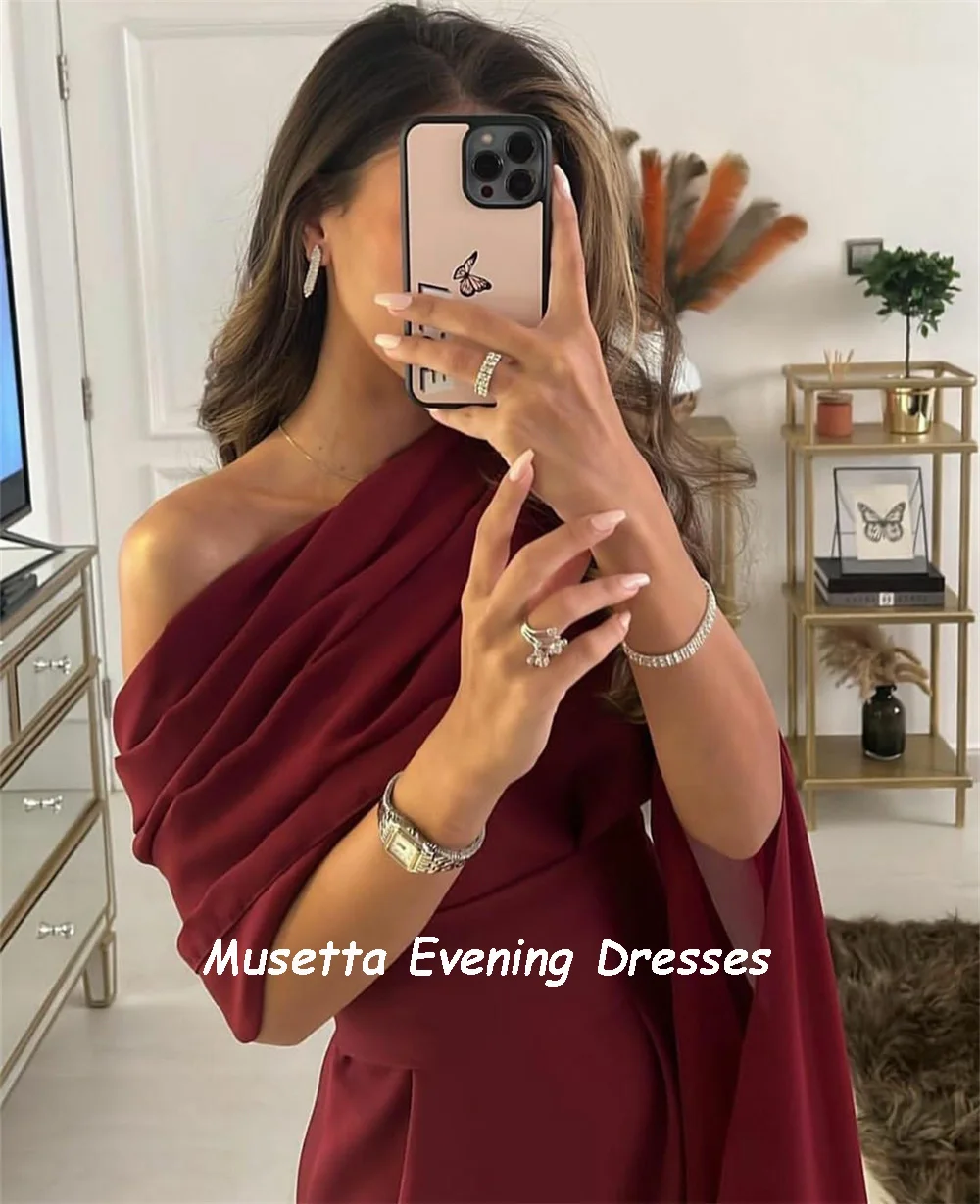 Musetta vestido de noche de gasa de un hombro, vestidos de fiesta formales personalizados, vestidos de fiesta de plumas de Borgoña, Grace Arabric, Dubai