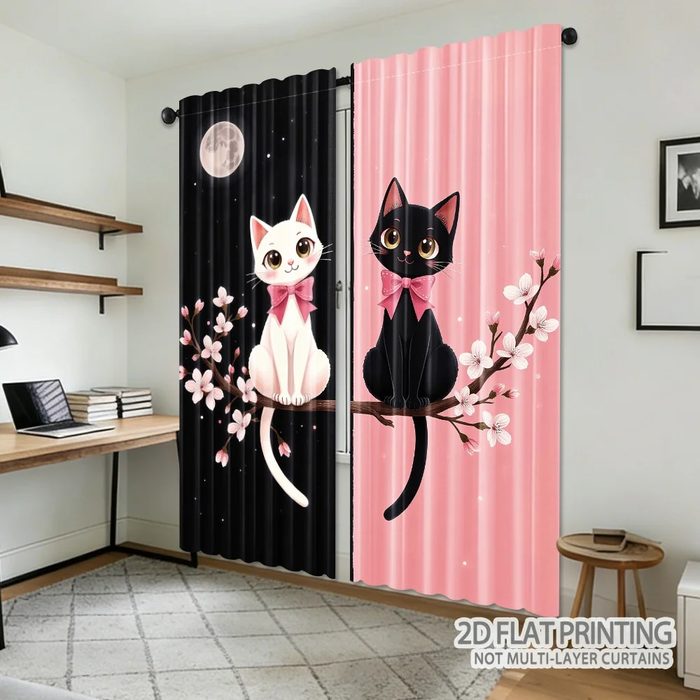 Sakura Bow White Black Cat Curtains 2 Panels, Full Moon Star Cherry Blossom Black Pink Split Background for Girl Bedroom Curtain