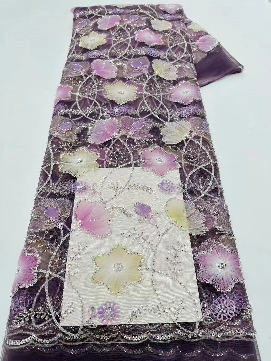

5 Yards Luxury French Mesh Beaded Lace Fabric High Quality African Sequins Groom Lace Fabrics For Nigerian Wedding Dress 2025