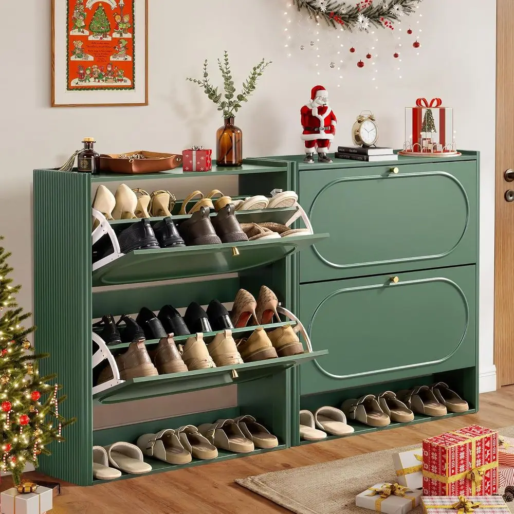 Green Wooden Fluted Shoe Storage Cabinet Set of 2 with Flip Drawers for Entryway and Hallway